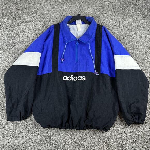 Vintage Adidas Jacket Mens XL Blue Black Anorak Quarter Zip Made Hong Kong 90s - Picture 1 of 16